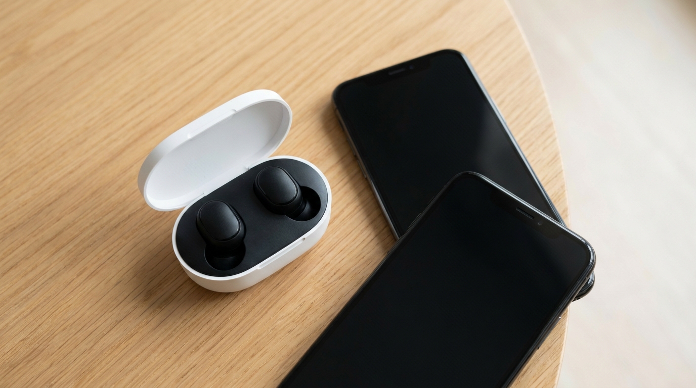 Open wireless earbud charging case with two earbuds inside lying beside iPhone-style smartphones on a wooden surface