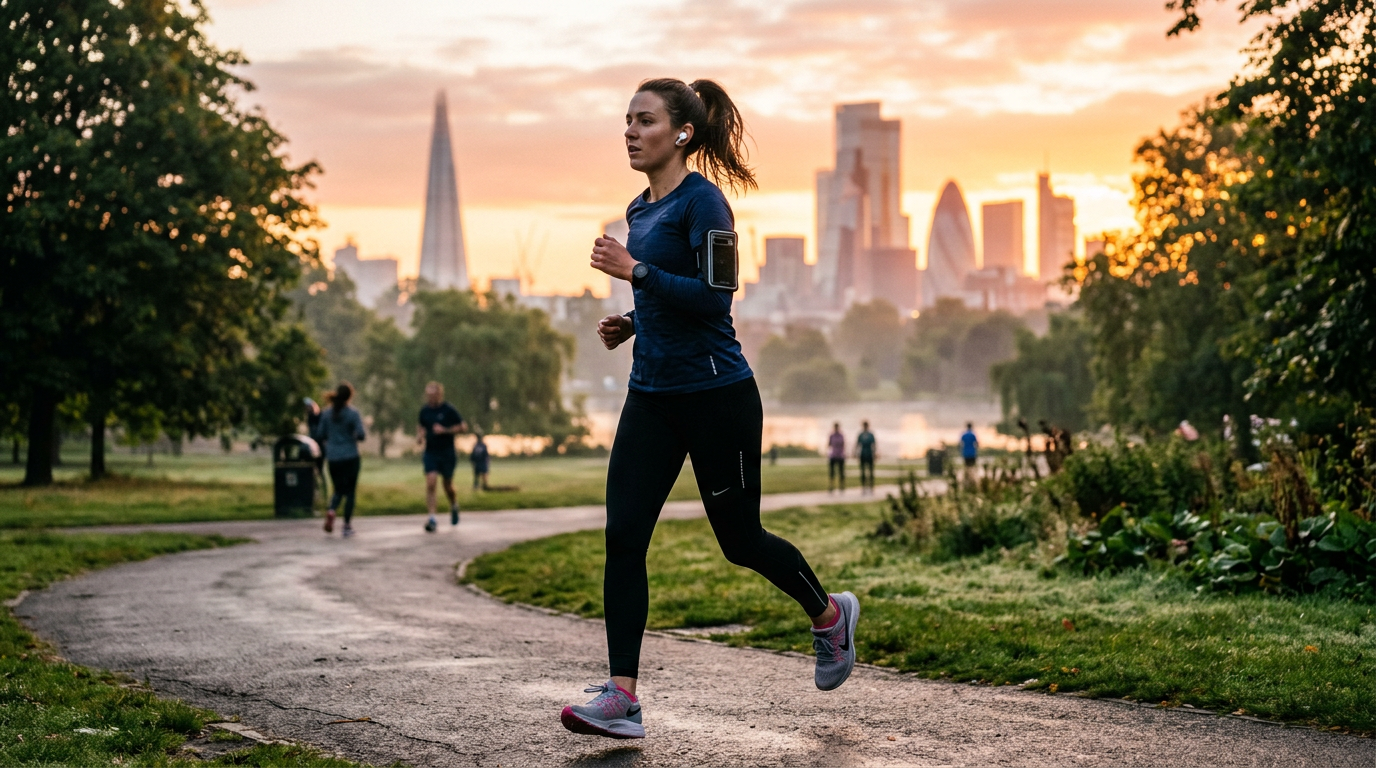Woman running in a London park at sunrise wearing wireless earbuds with her phone in an arm strap