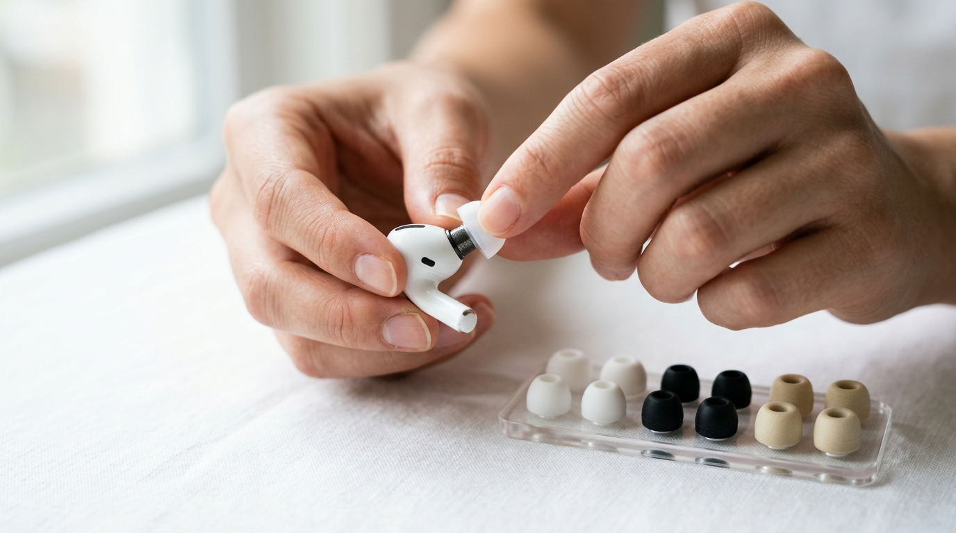 Hand fitting a silicone ear tip onto a wireless earbud beside a tray of replacement tips