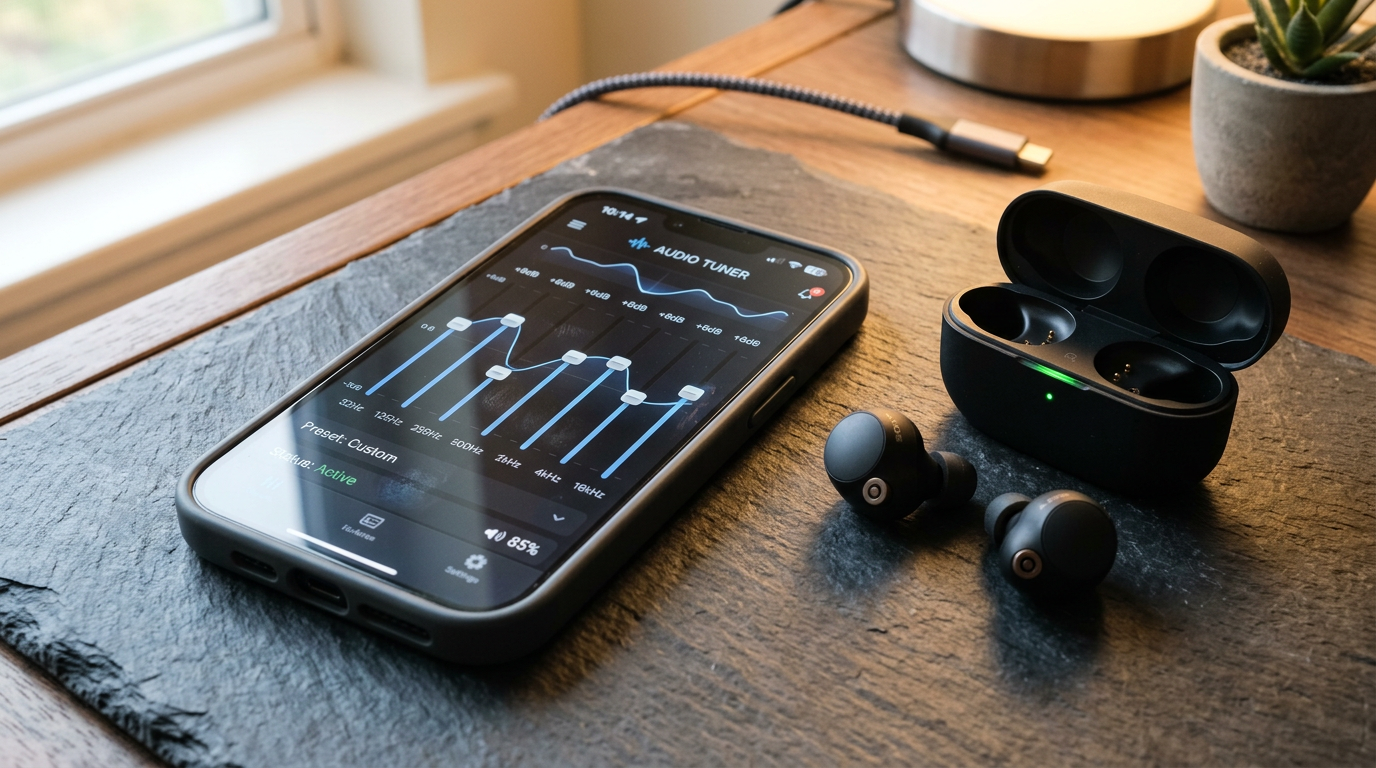 Smartphone screen showing a graphic equaliser app with adjusted sliders alongside premium wireless earbuds on a slate desk