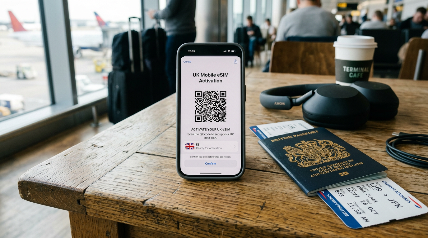 satellite messaging eSIM activation in an airport