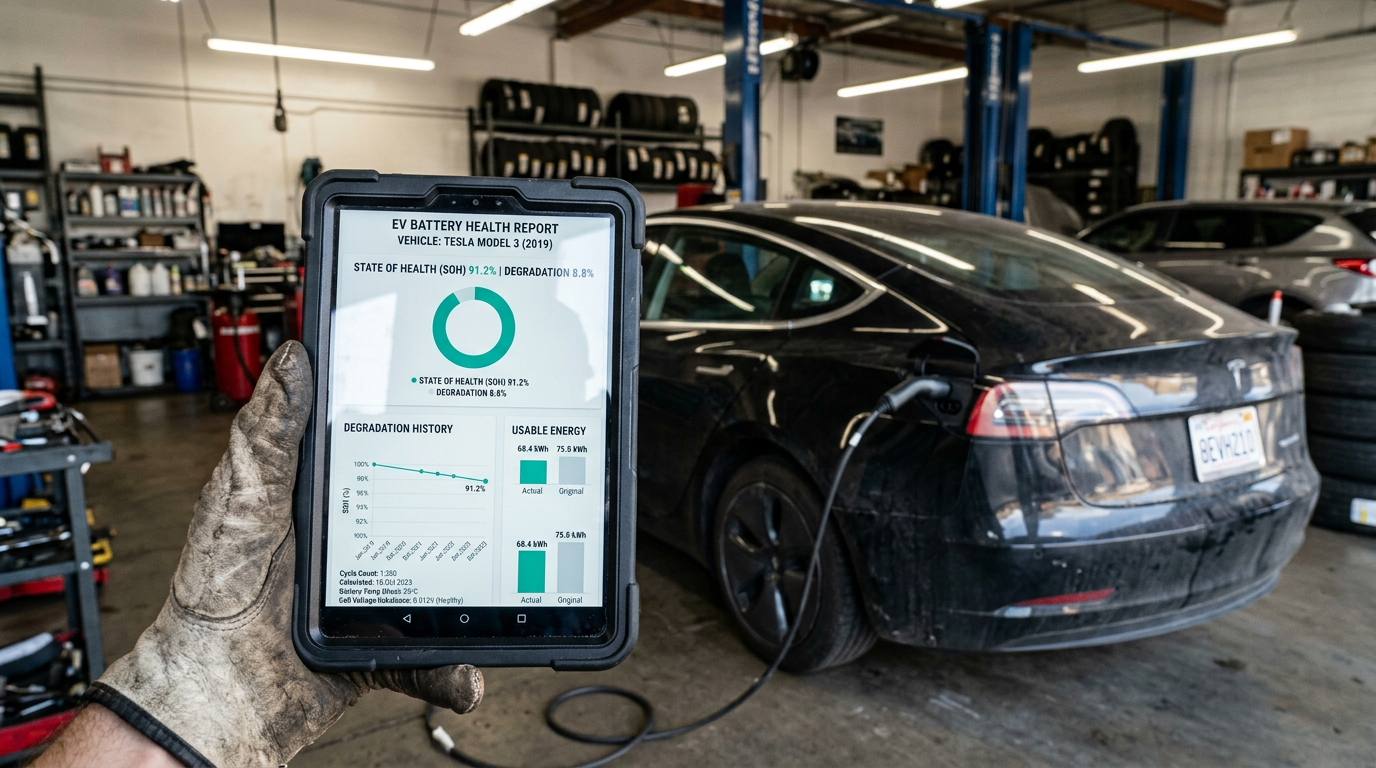 Tablet showing an EV battery health report with state of health percentage and degradation graphs in front of a used EV