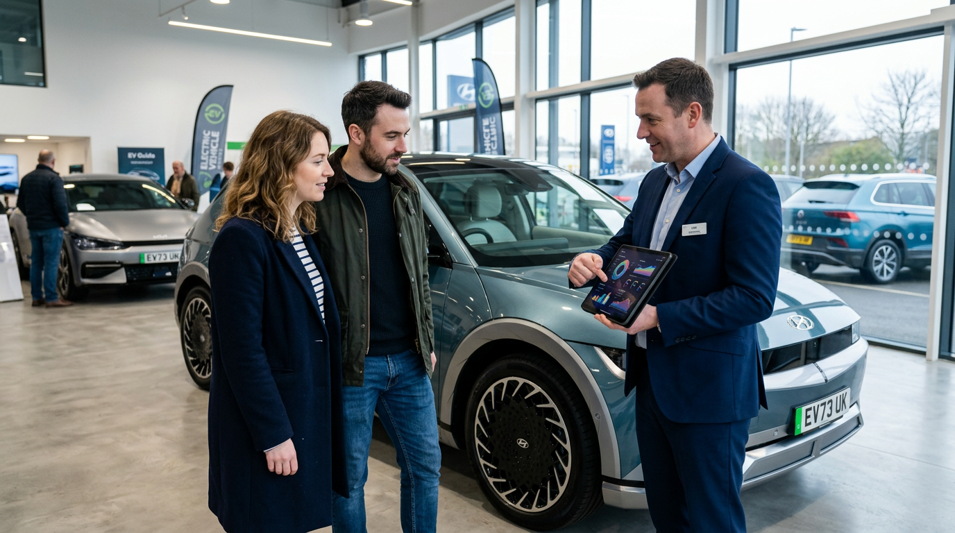 Couple looking at an electric SUV in a UK dealership while a salesperson holds a tablet showing pricing