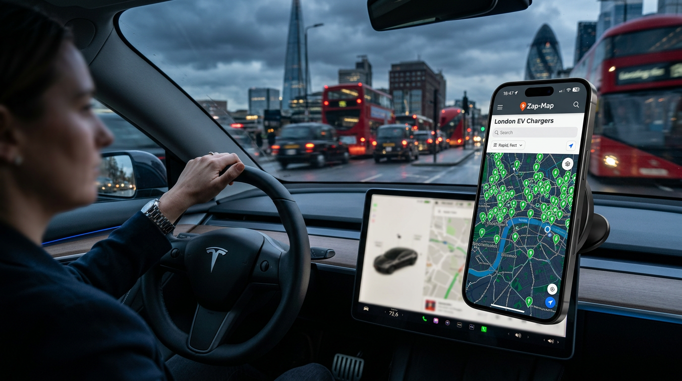 Smartphone showing a UK EV charging app with a map of chargers across London on a car dashboard inside a modern electric car