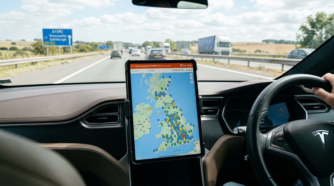Tablet on a car dashboard showing the UK EV charging network map covered in charger pins from London to Scotland