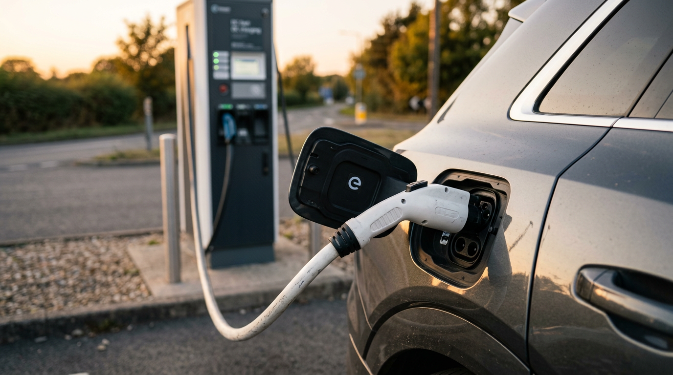 CCS Type 2 charging port plugged into an electric SUV at a UK roadside DC fast charger