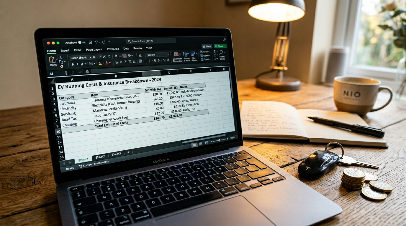 Laptop on a wooden desk showing an EV running cost spreadsheet in pounds with a car key and a stack of pound coins beside it