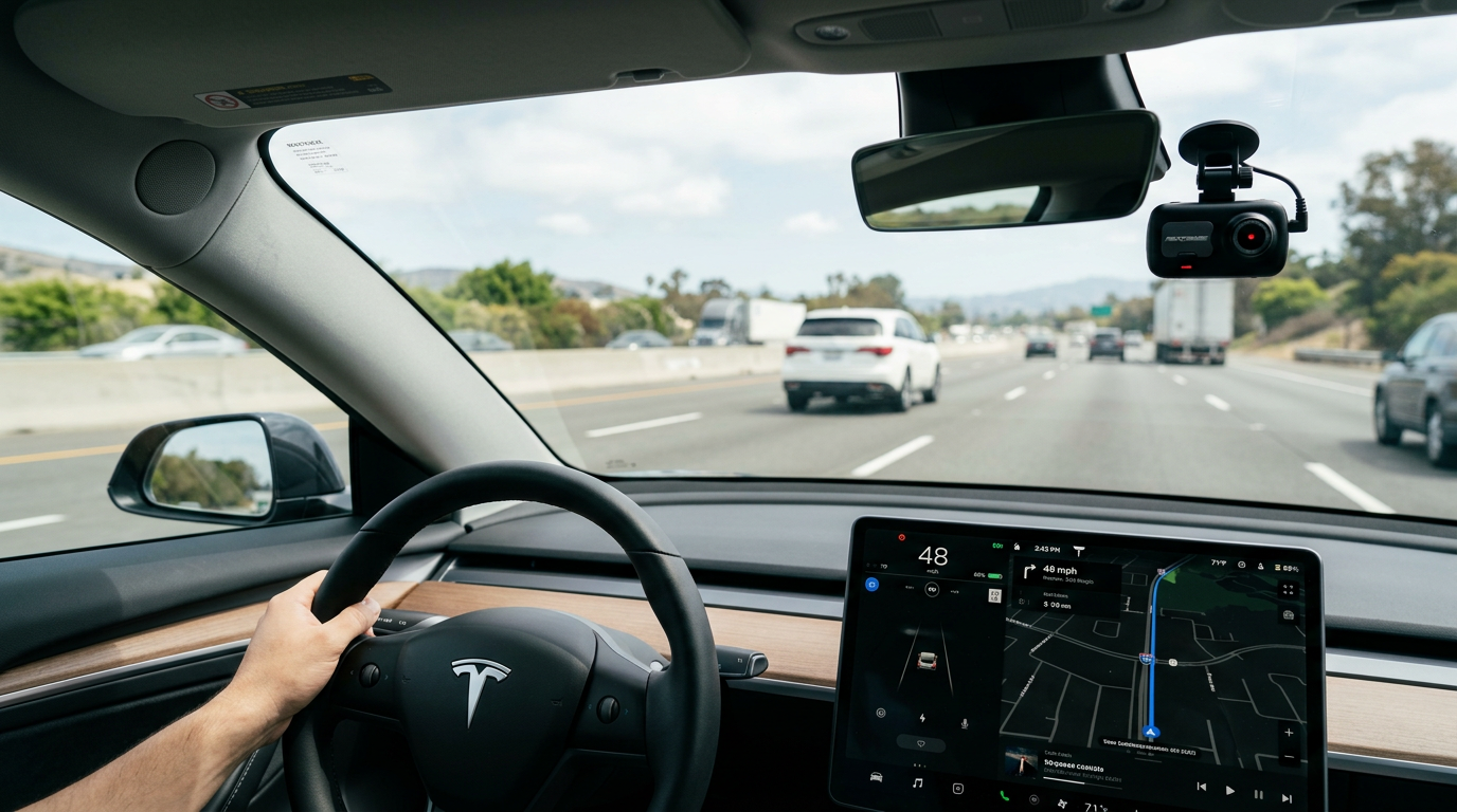 Hands installing a dash cam on the windscreen of a modern electric car interior with the infotainment screen visible