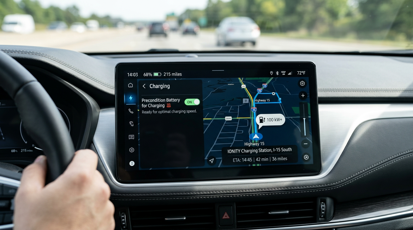 EV interior dashboard showing the battery preconditioning screen active before a rapid charge stop