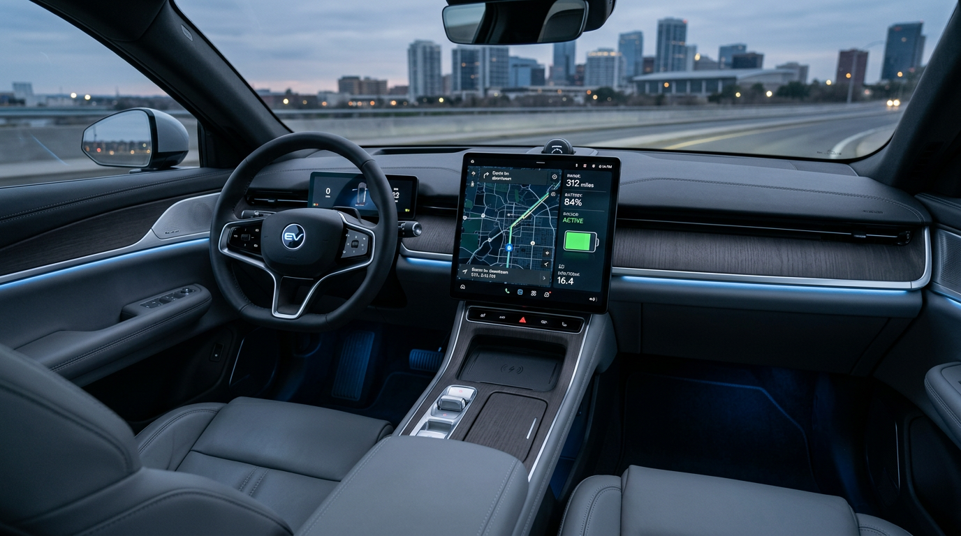 Modern minimalist EV interior dashboard with a large central touchscreen showing a navigation map, battery percentage and range estimate