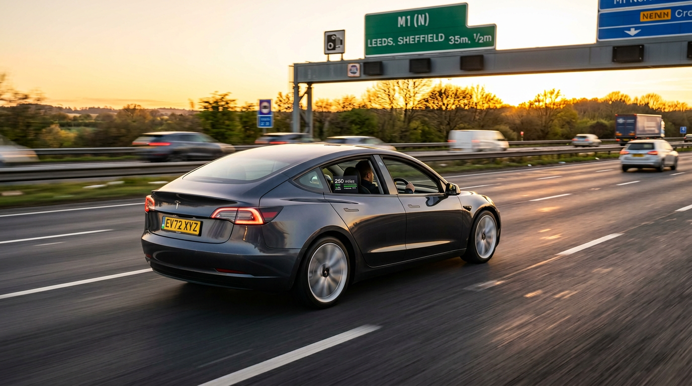 Modern grey electric saloon cruising on a UK motorway at sunset with a 250 mile range display visible inside