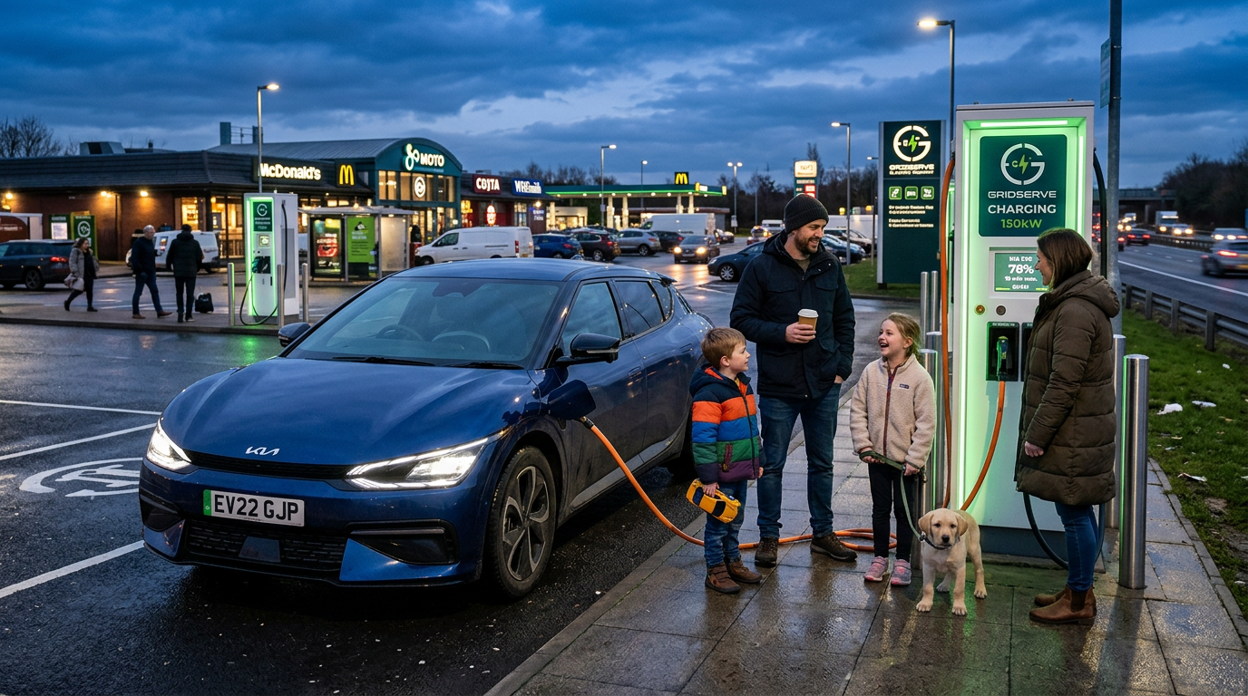 Family electric SUV plugged into a 150kW rapid charger at a UK motorway service station at dusk with the family briefly outside the car with a dog