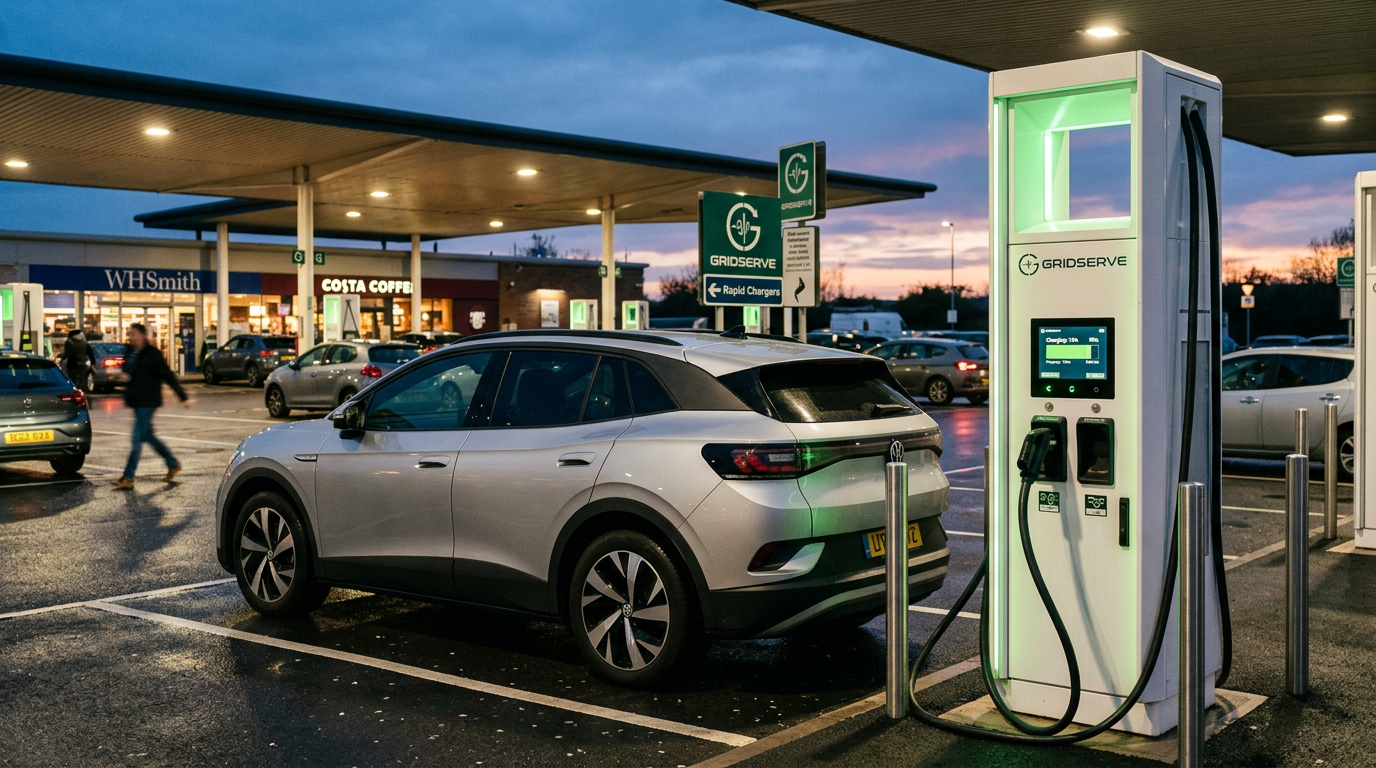 Modern electric car plugged into a public rapid charger at a UK service station with charging cable visible at evening