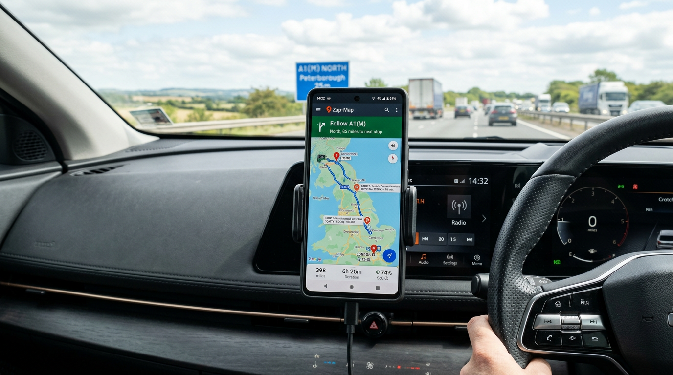 Smartphone on a car dashboard showing an EV road trip planning app with a route from London to Edinburgh and charger stops