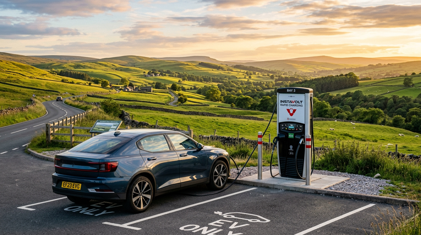 Modern electric car driving through a dramatic UK landscape on a planned road trip route at golden hour