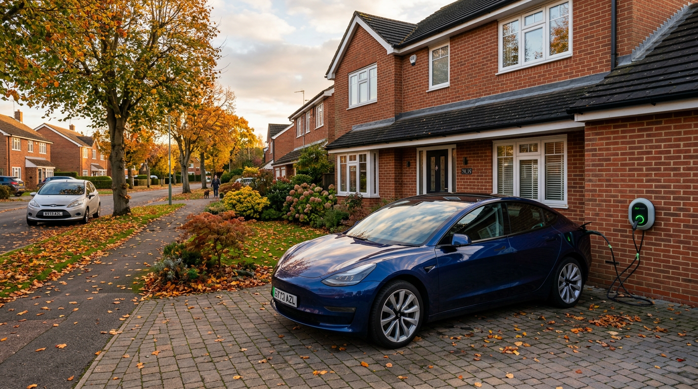 Modern blue electric saloon parked on a UK suburban driveway connected to a home wallbox charger in autumn