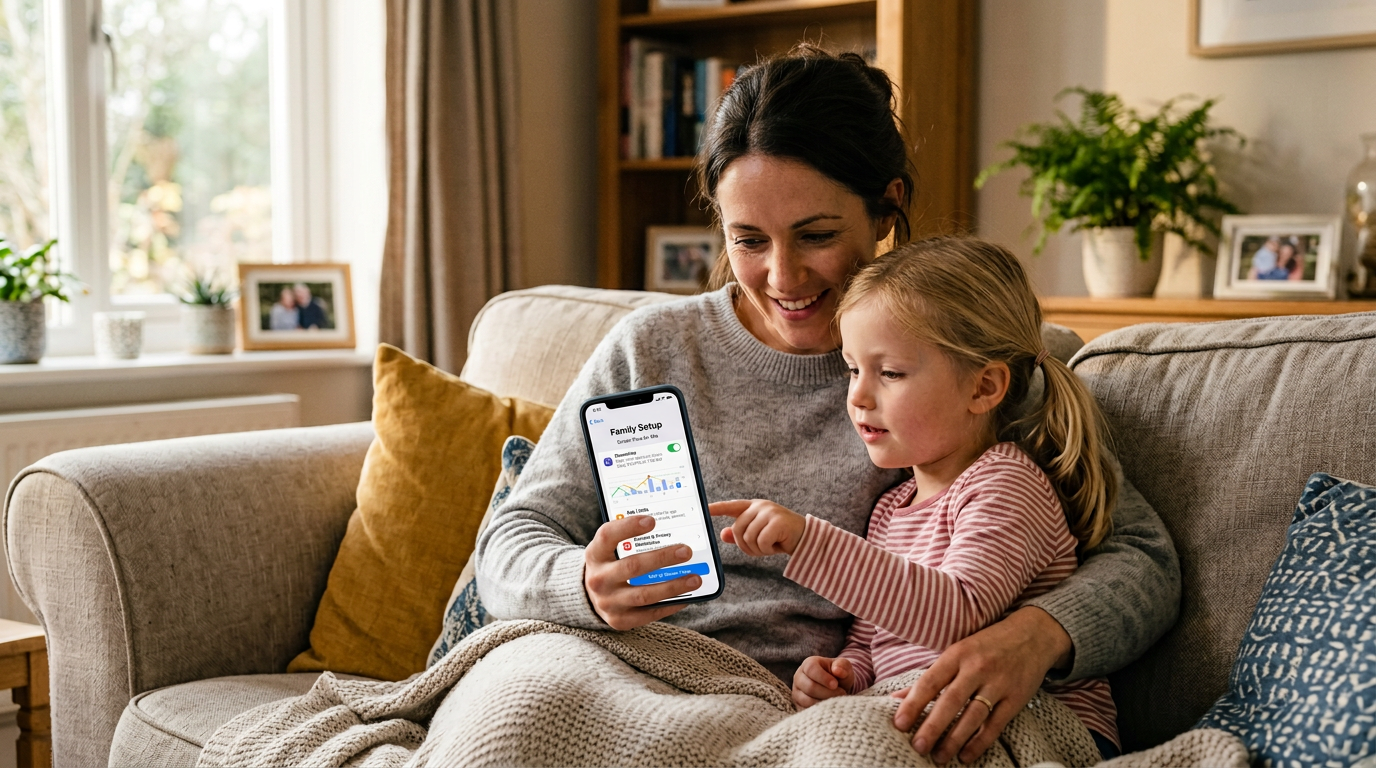 Parent and young child on a sofa looking at Family Setup digital wellness controls on an iPhone
