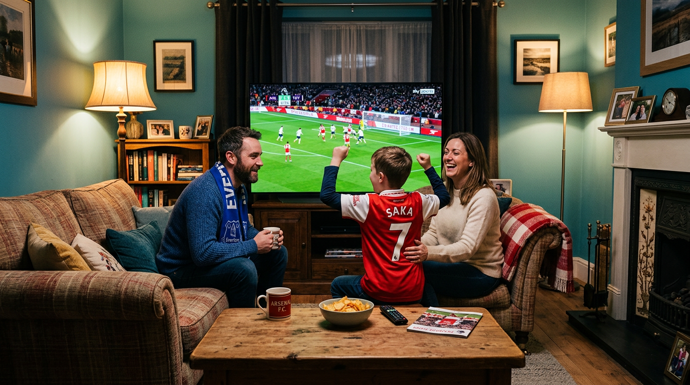 UK family of three including a child in an Arsenal shirt watching a Premier League football match on a large OLED television in a cosy evening living room