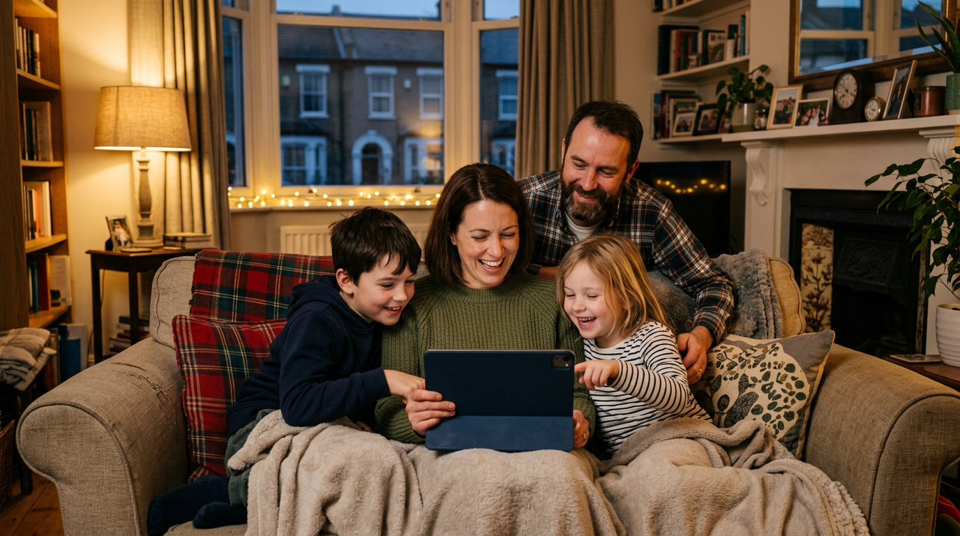 UK family on a sofa flicking through their cloud photo library on a tablet in a warmly lit living room