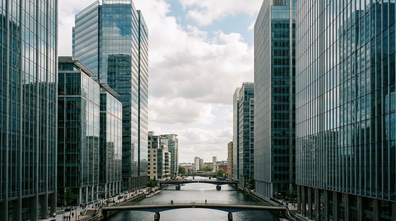 Modern Canary Wharf office buildings representing UK financial regulators and banks