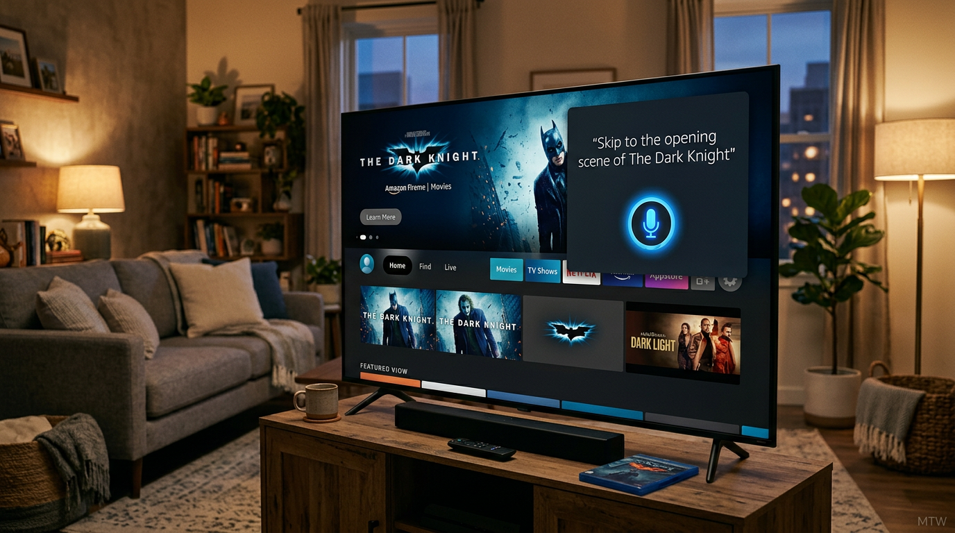 Editorial photo of an Alexa Plus home hub on a living room shelf