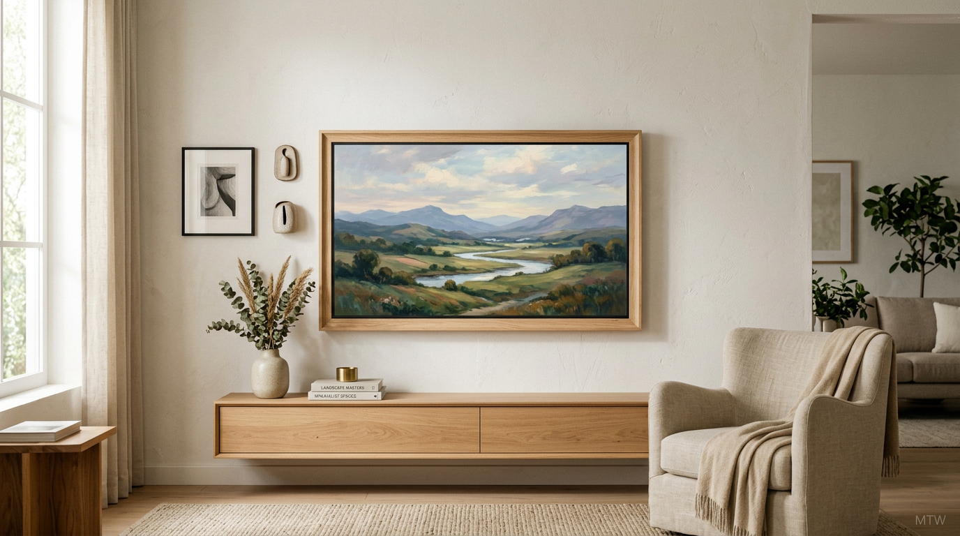Editorial render of a large picture-frame style wall display showing artwork