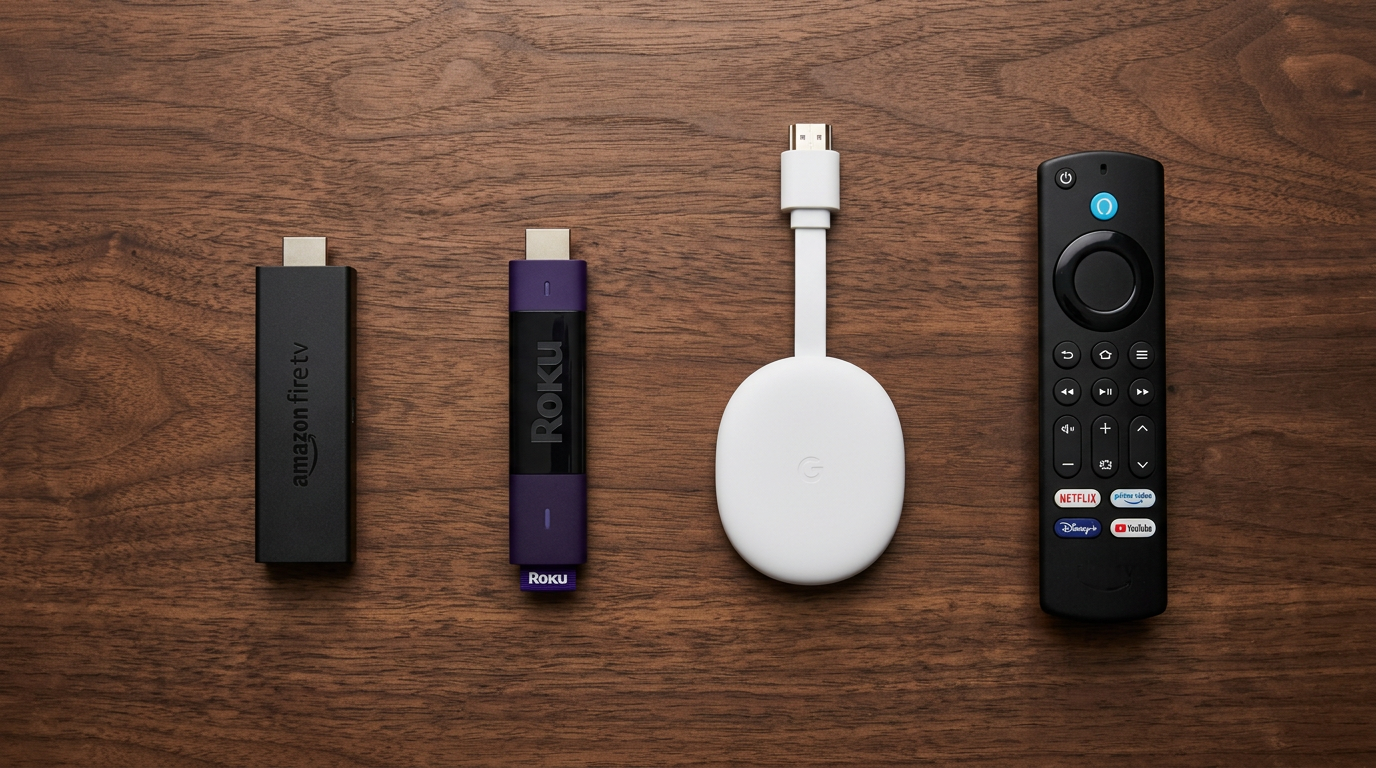 Amazon Fire TV Stick, Roku stick and Google Chromecast lined up on a wooden table