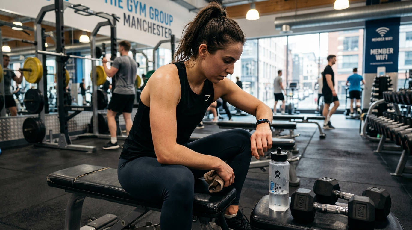 Fitness tracker on a wrist during a HIIT workout in a UK gym with weights and treadmill in the background