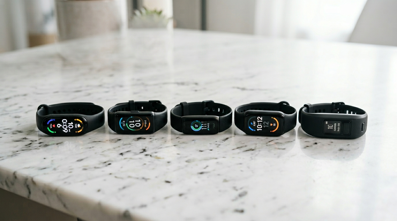 Lineup of budget fitness trackers including Fitbit, Xiaomi, Amazfit and Honor under £100 on a marble surface