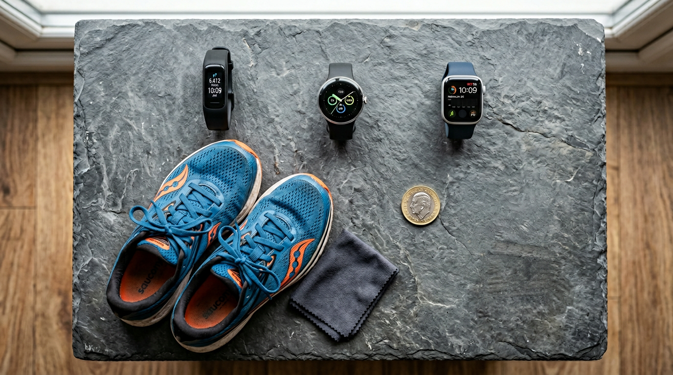 Three fitness trackers and smartwatches lined up on a slate surface next to running shoes and a UK pound coin
