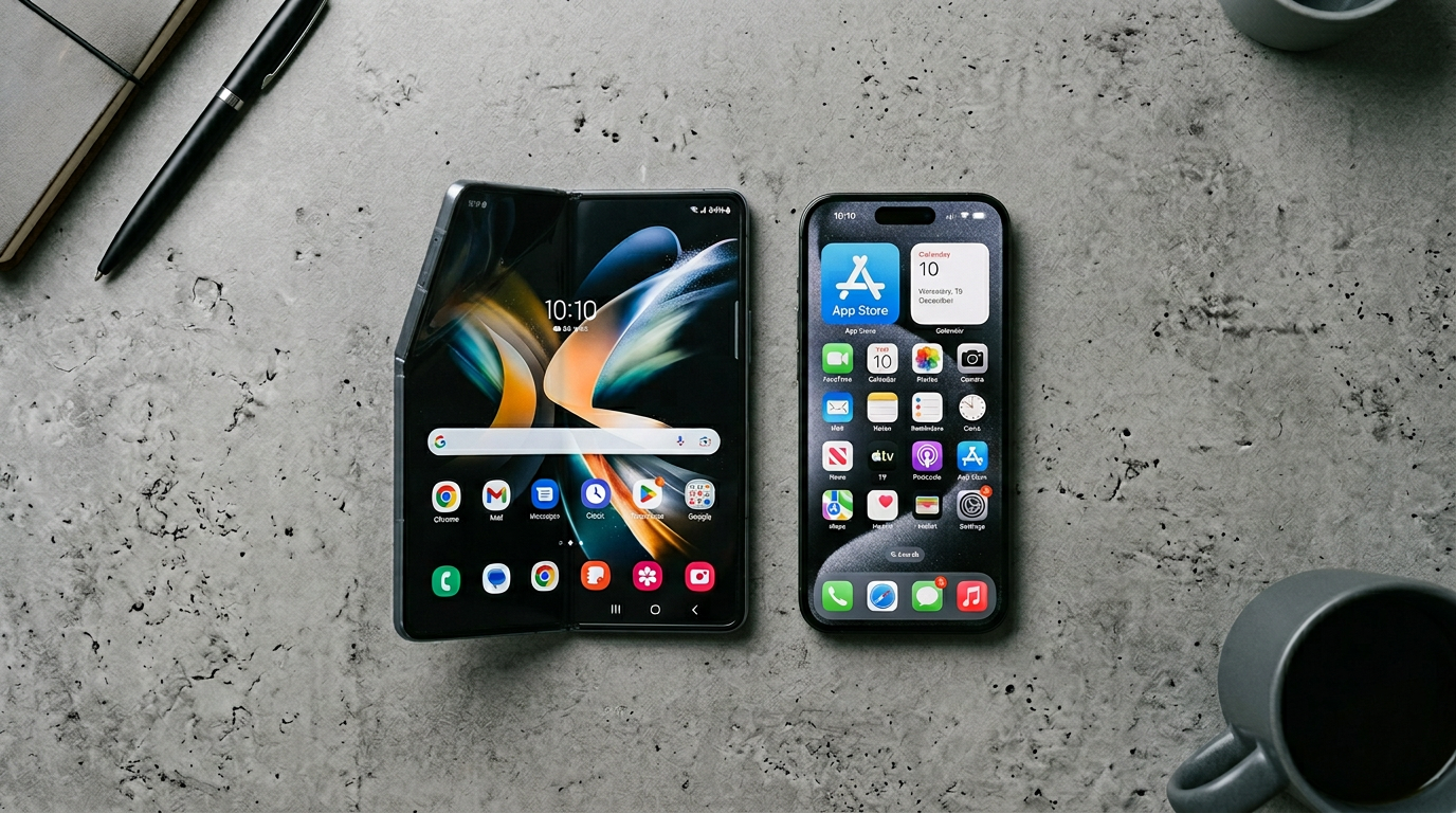 foldable vs slab phone comparison flat lay
