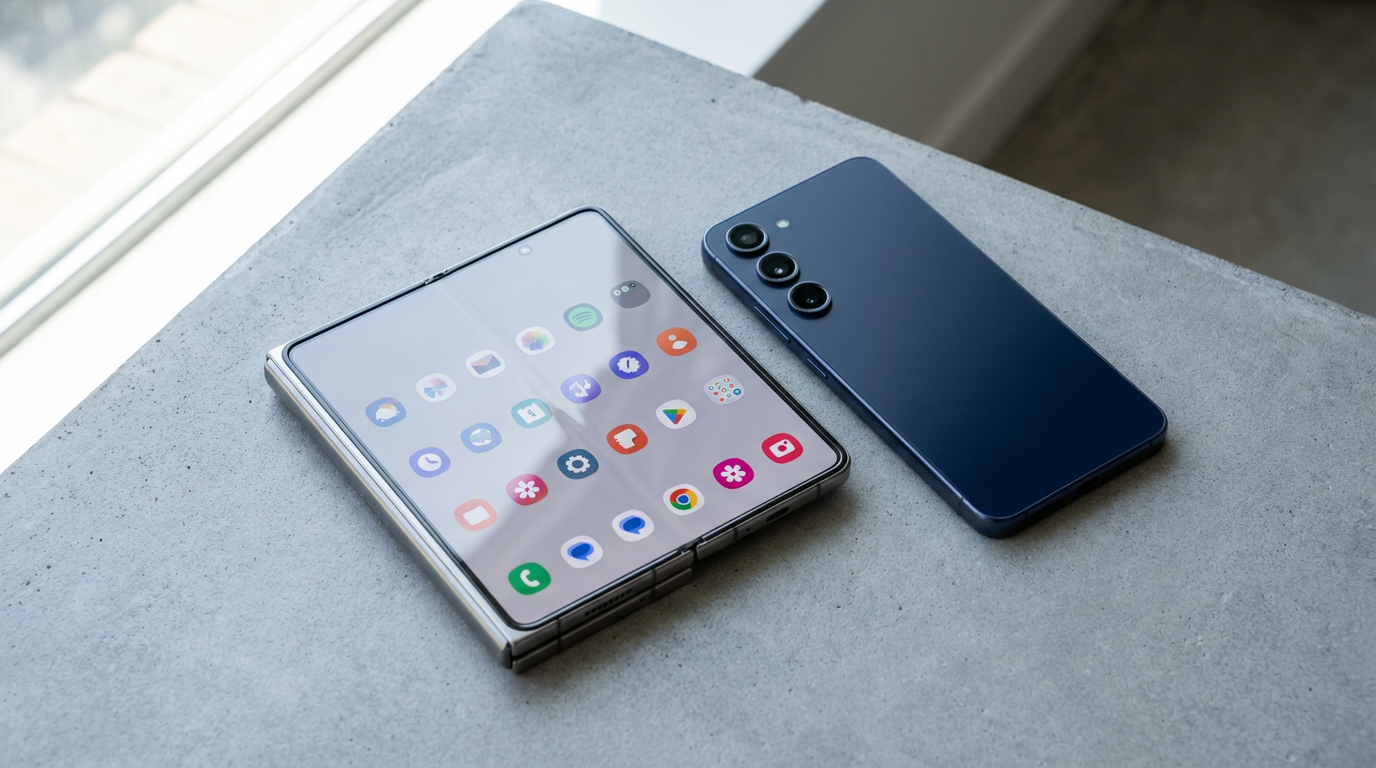 Foldable phone open beside a traditional slab smartphone, top-down view on grey concrete