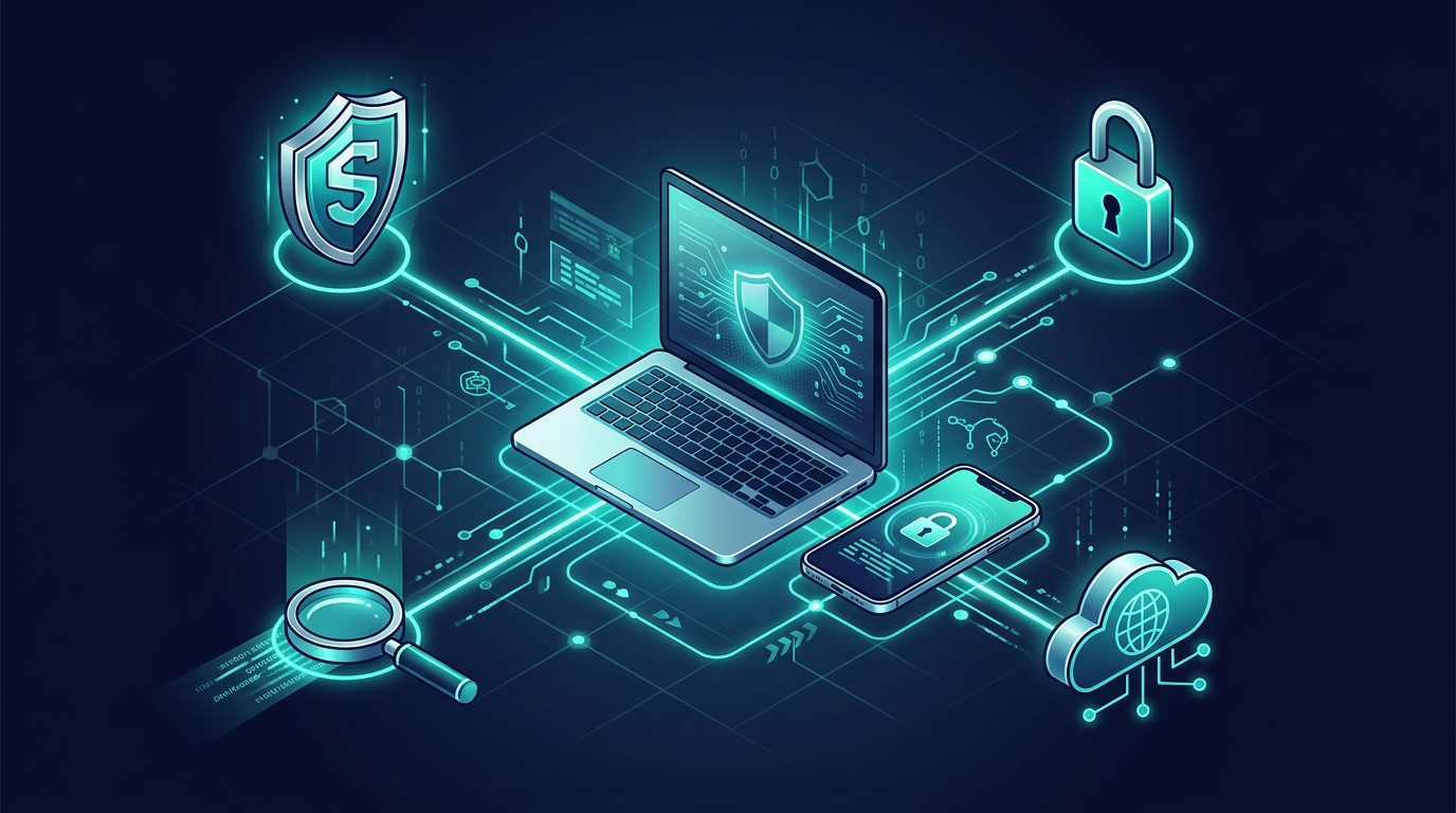 Editorial illustration of endpoint security with laptop and phone