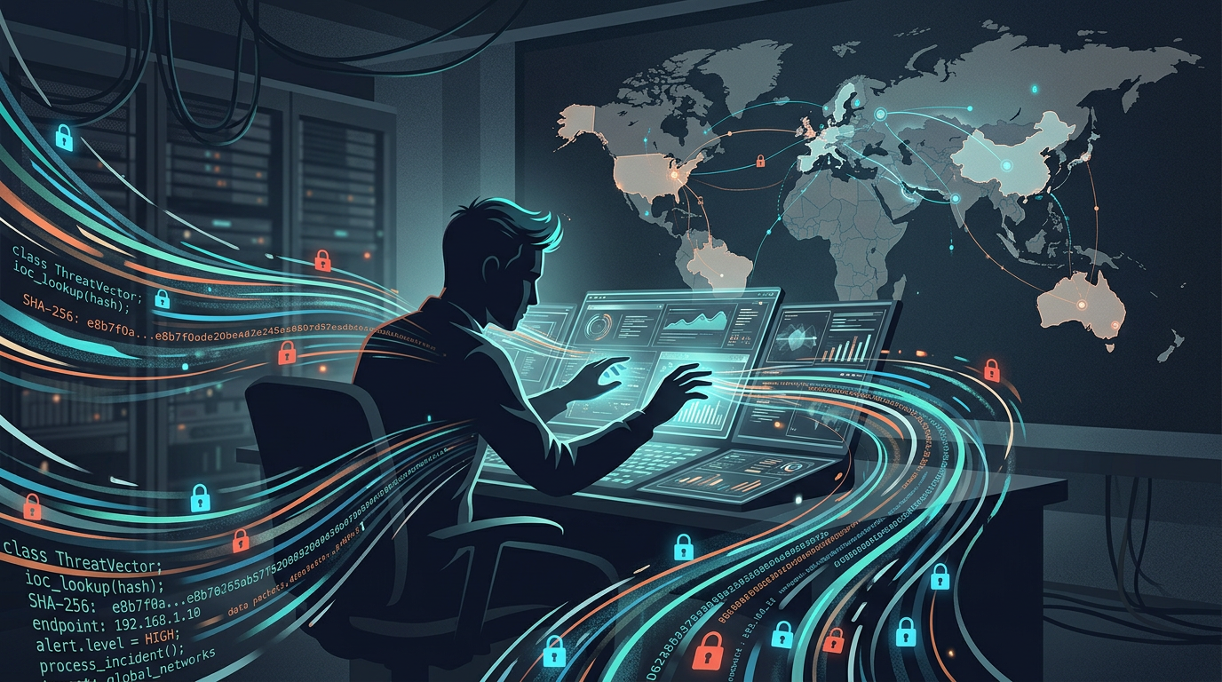 Editorial illustration of a threat intelligence concept