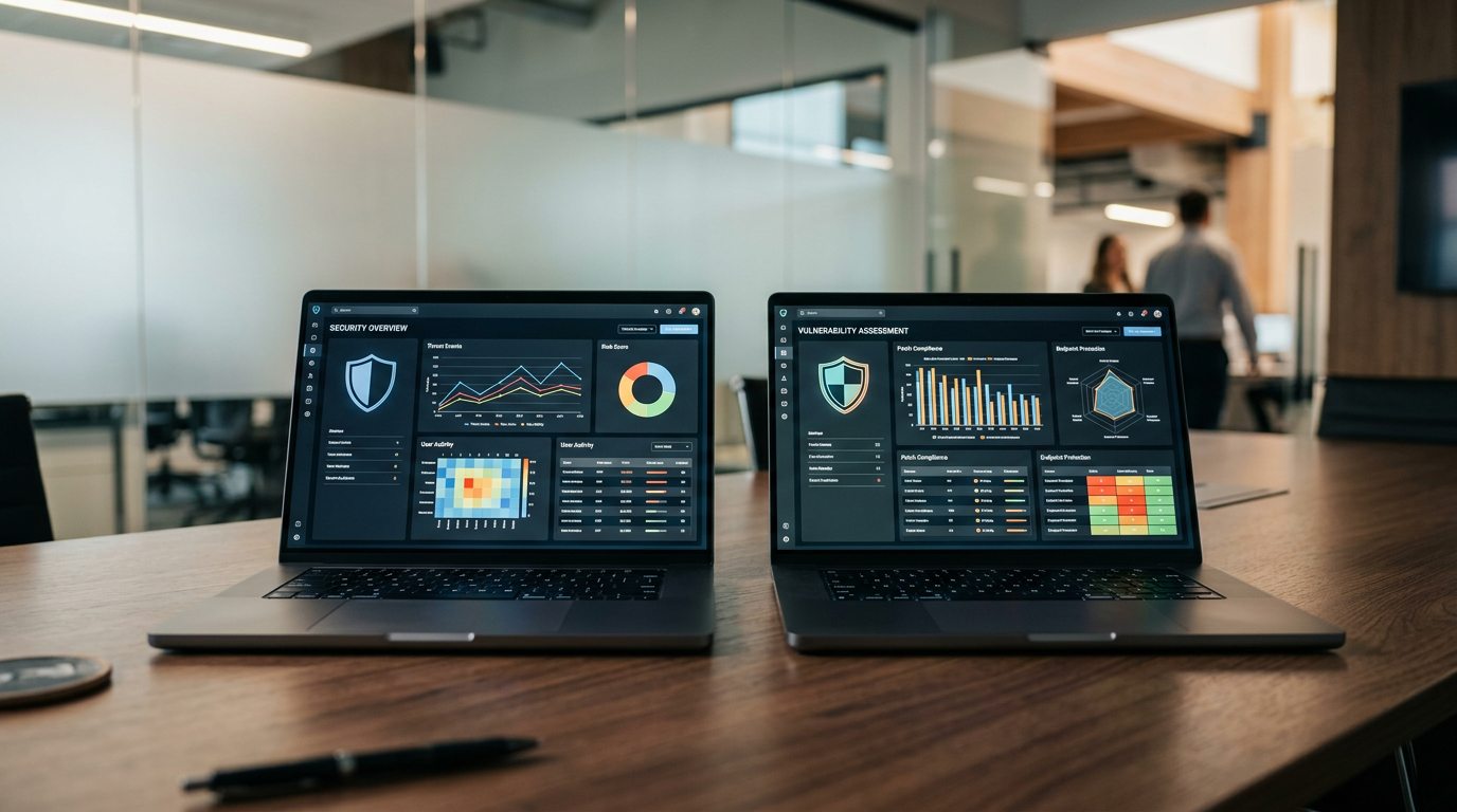 Editorial photo of security analytics dashboards on two laptops