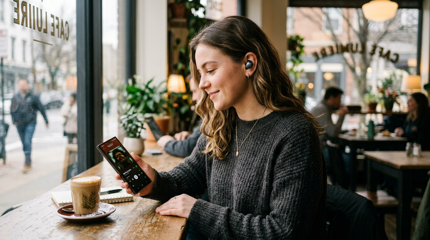 Galaxy Buds 4 Pro in use at a cafe