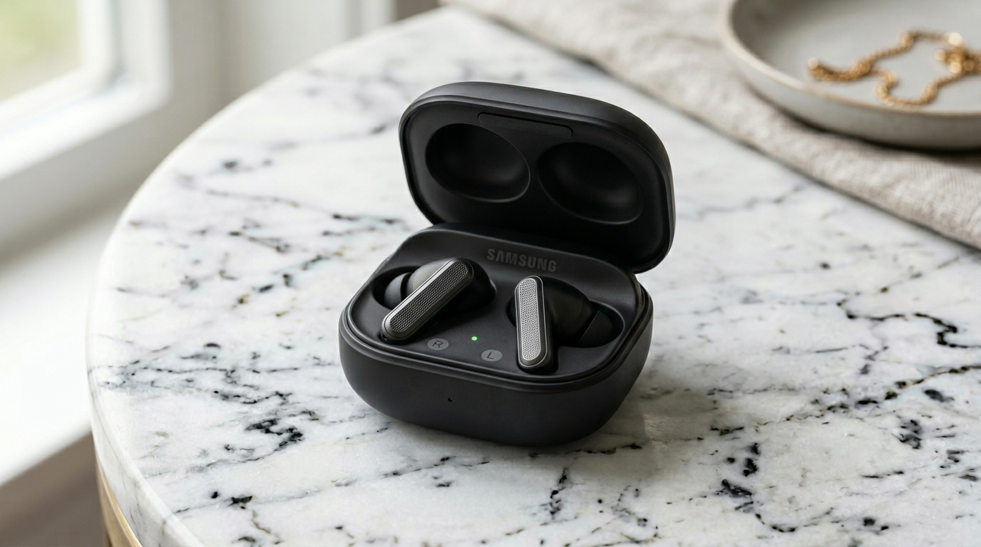 Samsung Galaxy Buds 4 Pro wireless earbuds in their case open on a marble surface showing the new redesigned shape