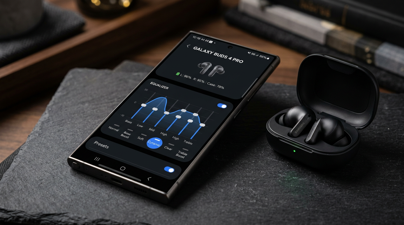 Samsung Galaxy phone screen showing the Galaxy Buds 4 Pro pairing and EQ settings page next to the earbuds