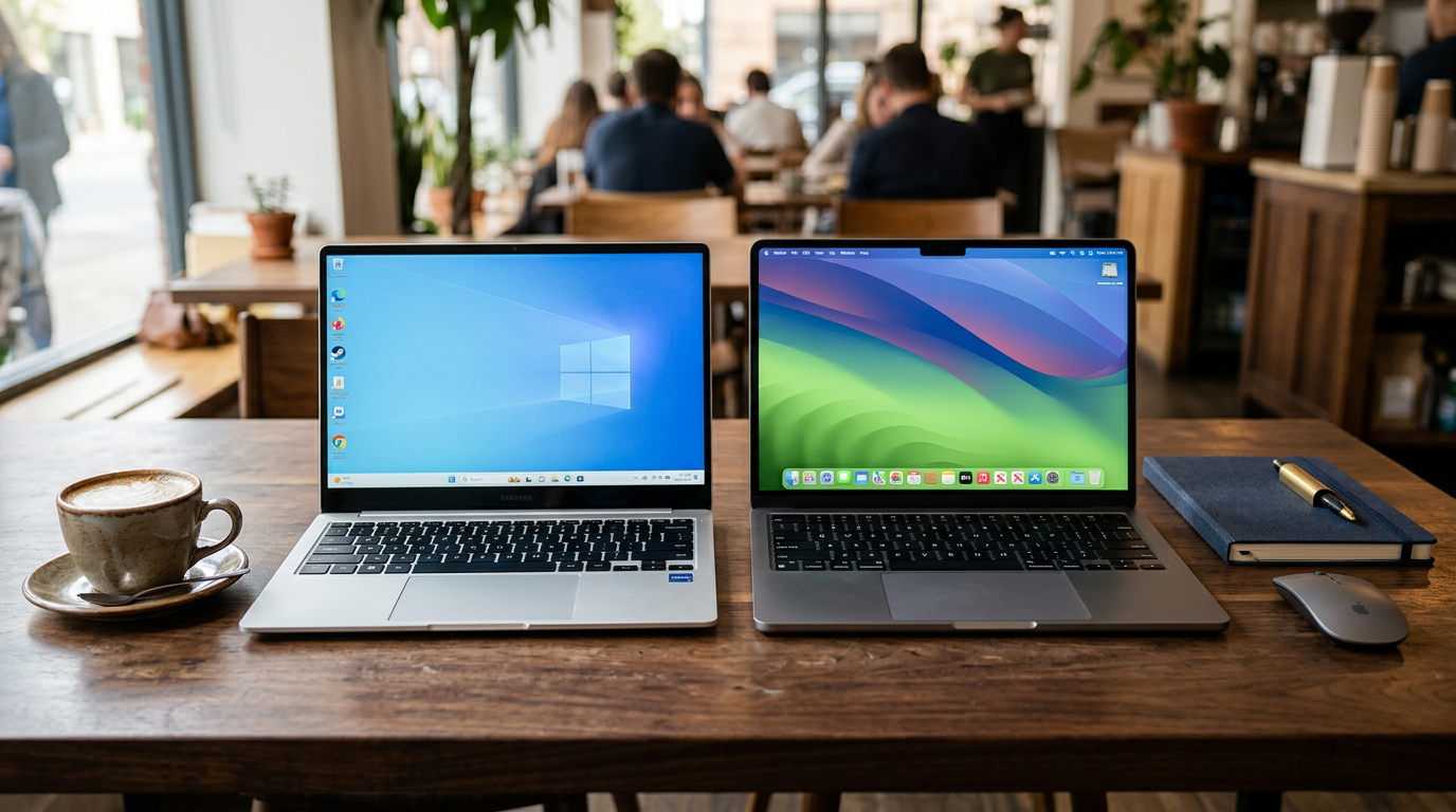 Samsung Galaxy Book6 and Apple MacBook Air M4 compared side by side on a UK student cafe desk