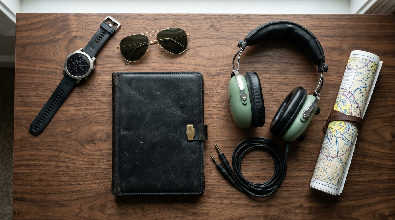 Pilot flight kit flat-lay with aviation watch