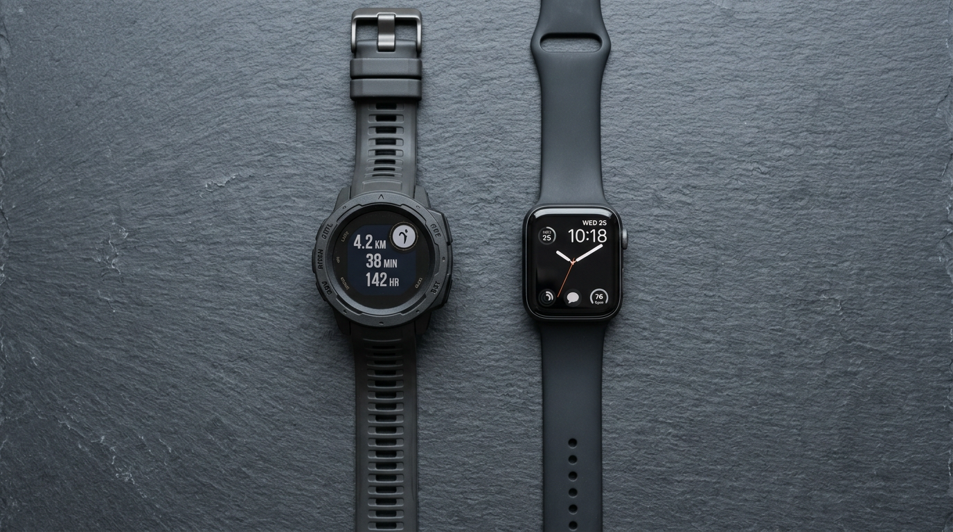 Garmin Venu 4 vs Apple Watch SE 3 flat lay