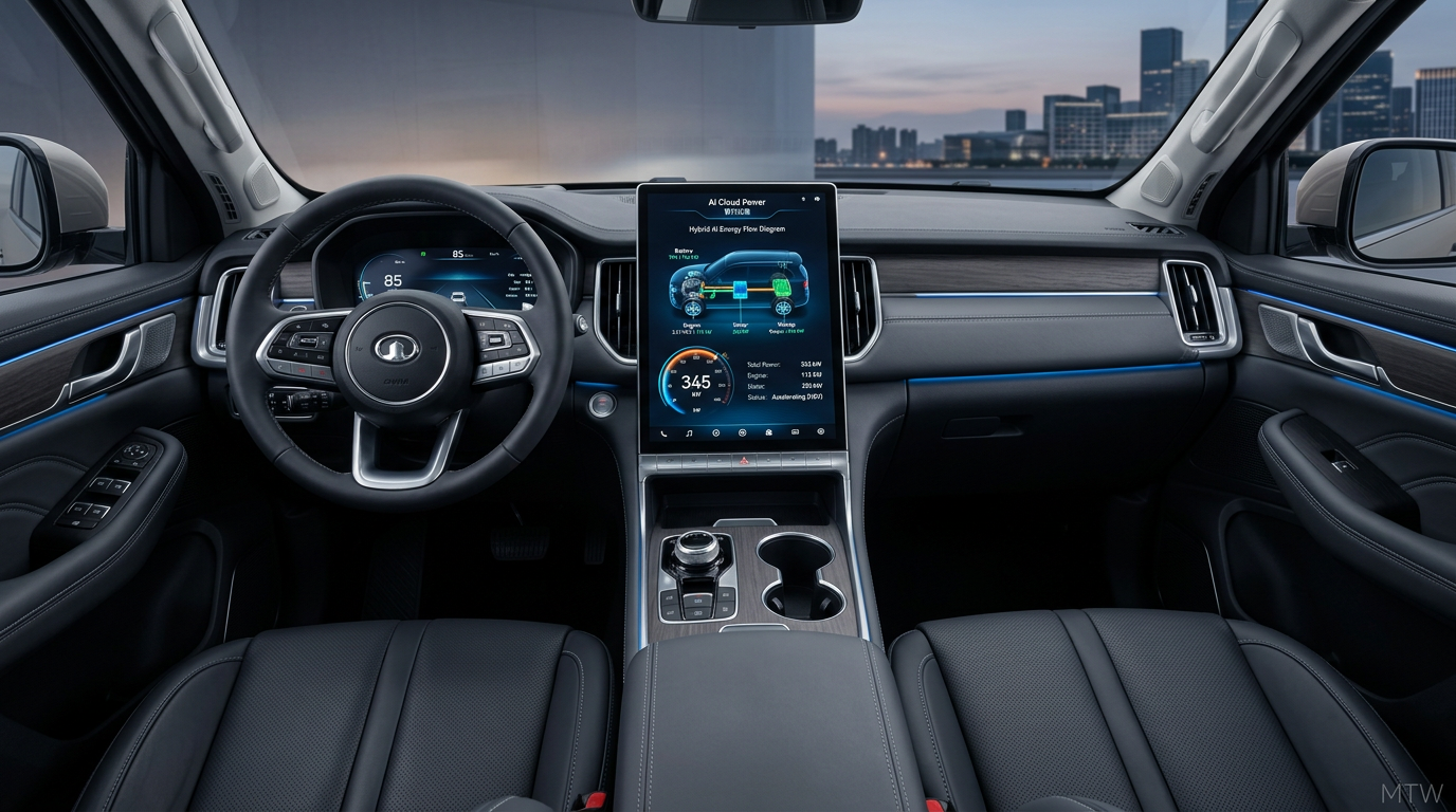 Editorial render of a modern hybrid car cockpit and infotainment