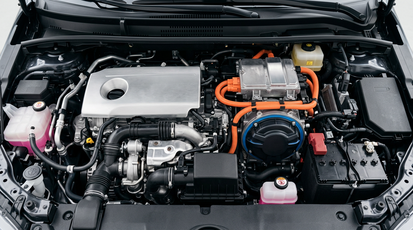 Open hybrid sedan engine bay showing the petrol engine, electric drive unit and orange high-voltage cabling