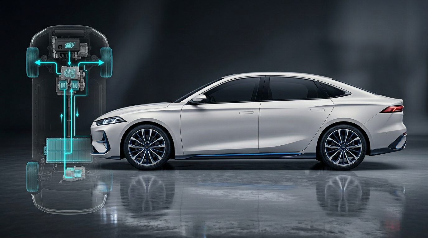 Editorial side-view studio render of a hybrid sedan with powertrain diagram overlay