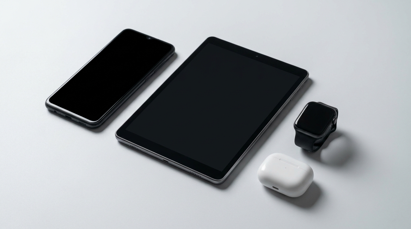 Group of Android-style phone, tablet, smartwatch and wireless earbuds case on a clean light surface