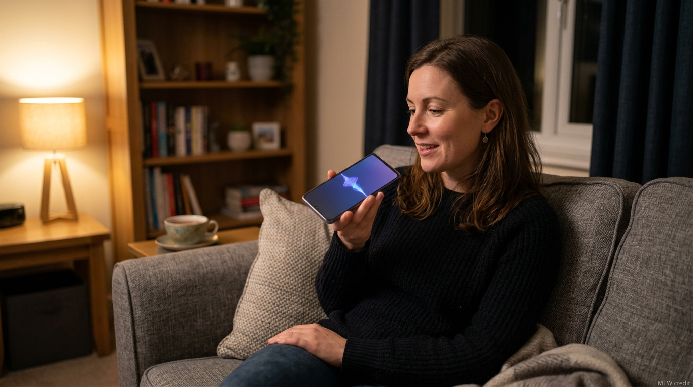 UK woman asking a voice query to her Android phone