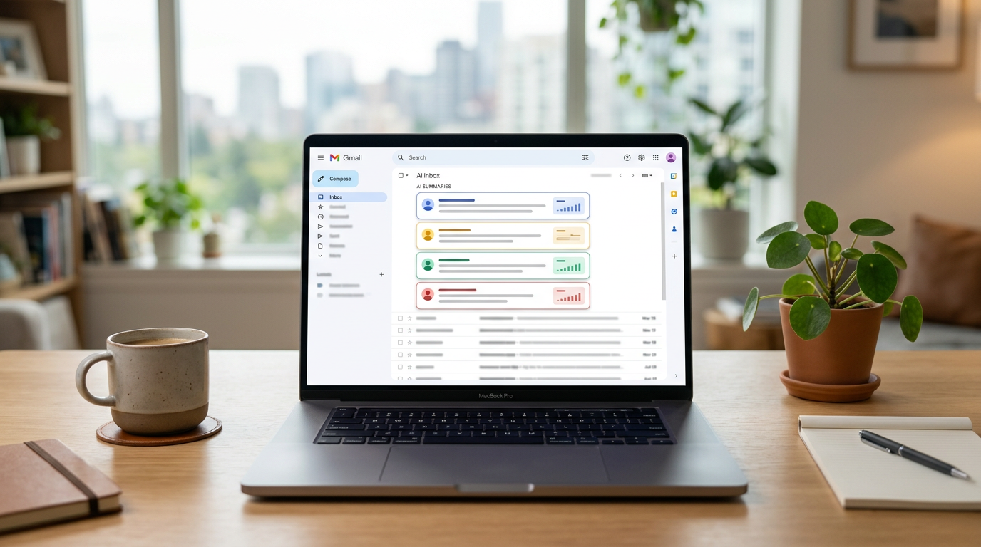 Gmail AI inbox with AI-summarised cards stacked above the regular email list on a MacBook