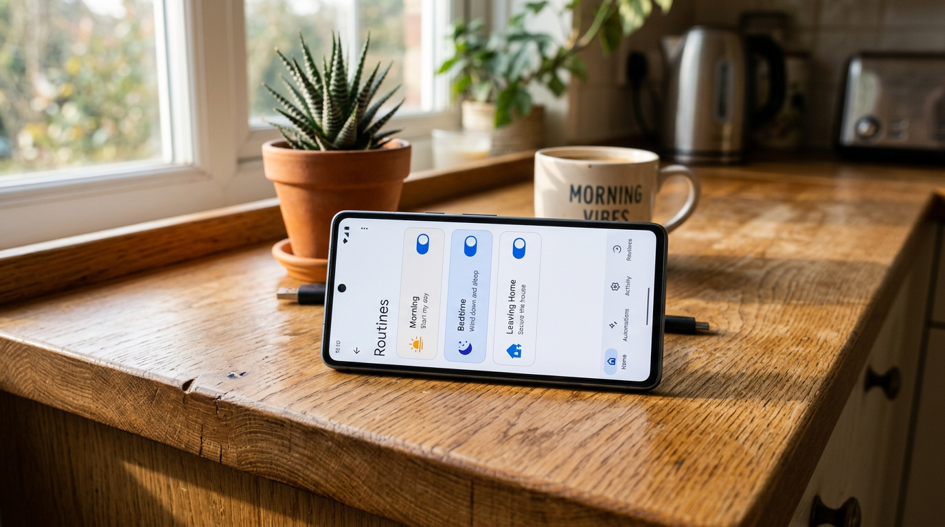 Smartphone on a wooden kitchen counter showing the Google Home Routines page with morning, bedtime and leaving home cards