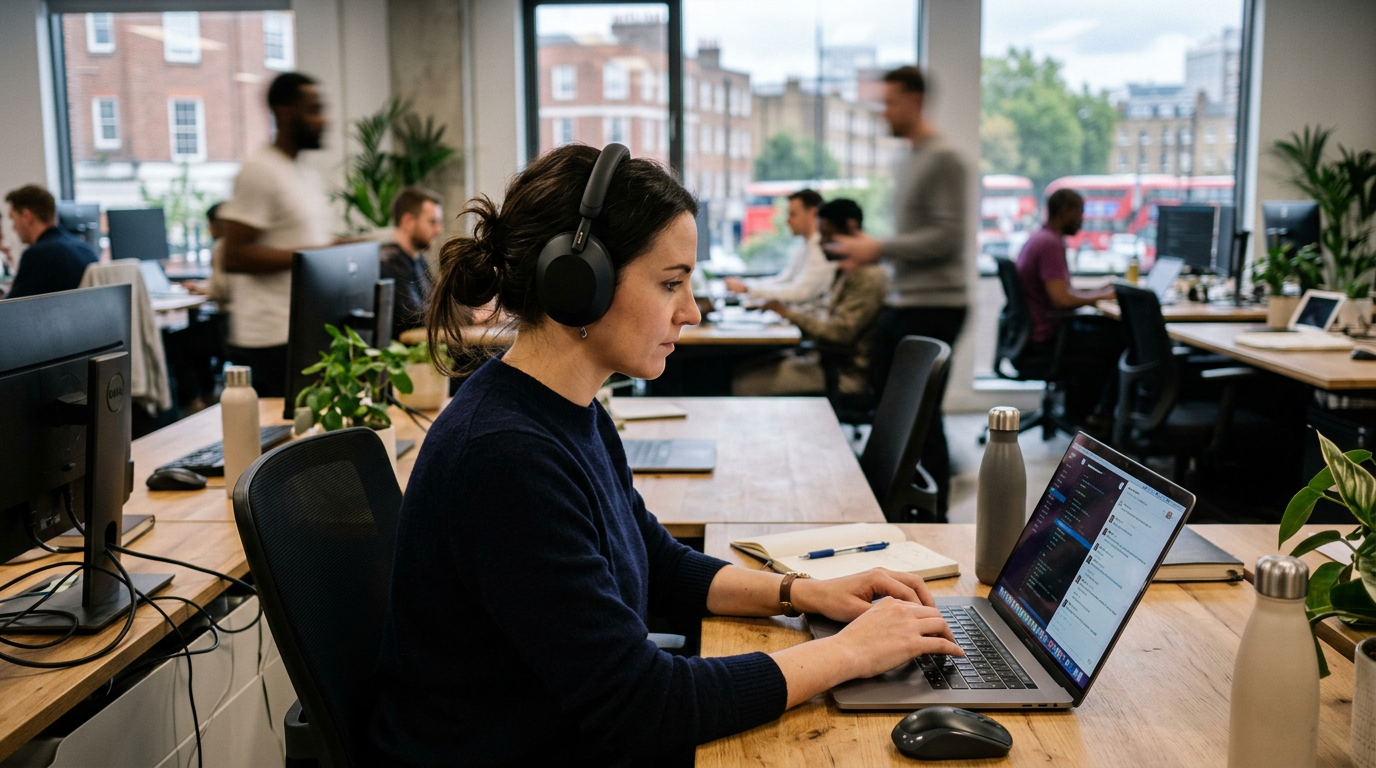 Office worker wearing premium over-ear noise cancelling headphones at a sunlit London desk with a laptop and coffee