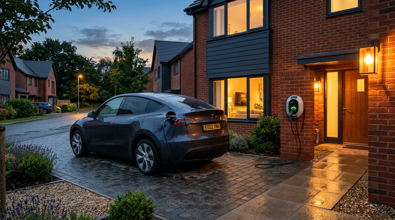 Home EV chargers UK: an electric SUV plugged into a wall-mounted charger at dusk